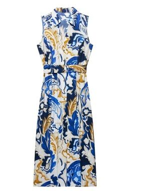 Zara Blue and Gold Belted Floral Dress NWT